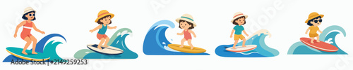 Photography Vector illustration of a little girl on a summer surfing vacation