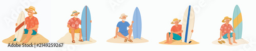 Canvas Print Vector illustration of a grandpa sitting on the beach with a surfboard stuck in