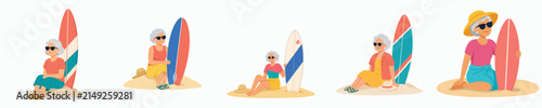 Canvas Print Vector illustration of a grandma sitting on the beach with a surfboard stuck in
