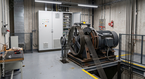 Wide elevator traction machine with large sheave, steel ropes, electric motor and control cabinets inside a clean equipment room