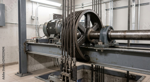 Wide close-up of elevator traction sheave, bundled steel cables, motor shaft and spring tension assemblies during professional elevator maintenance and repair