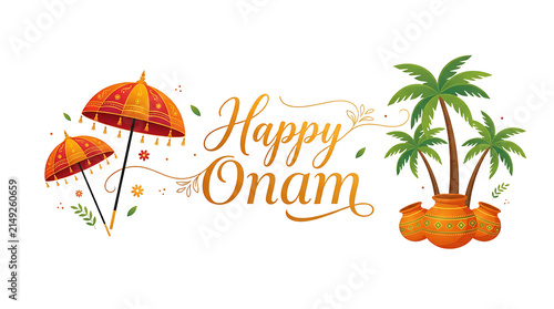 Colorful Onam festival greeting with traditional pookalam and parasols
