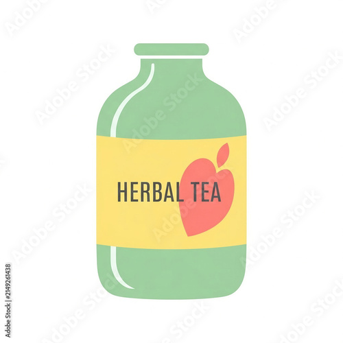 Green bottle of herbal tea with label featuring heart design  