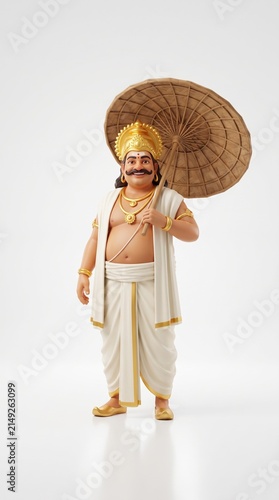 3D illustration of King Mahabali, the mythical Kerala ruler, wearing royal attire and holding a palm leaf umbrella, isolated on a white background with copy space for Onam festival designs.