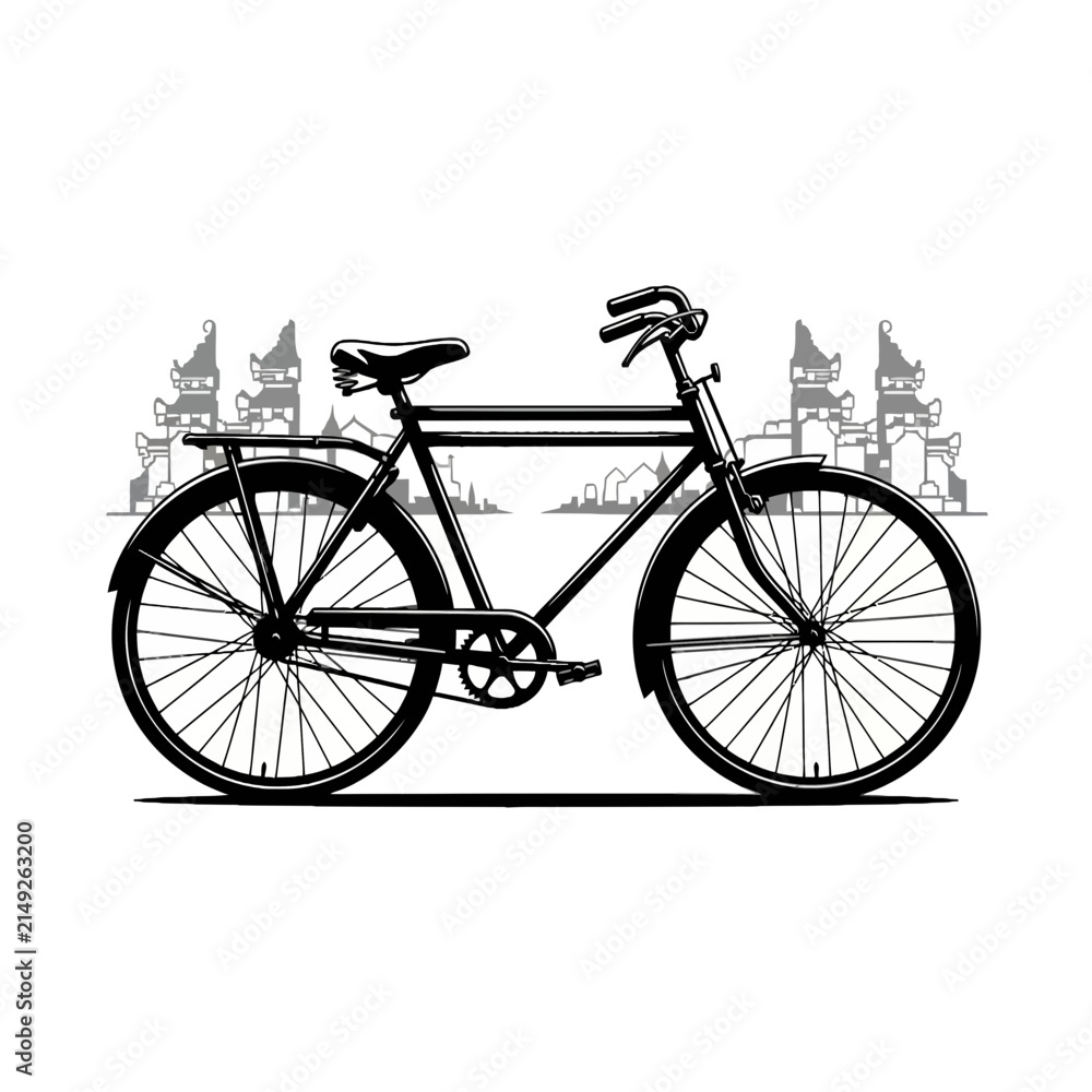 Fototapeta premium Vintage Bicycle with Traditional Temple Skyline