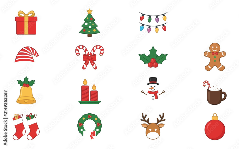 Fototapeta premium Set of cute hand drawn christmas and winter holiday icons isolated on a white background for festive designs