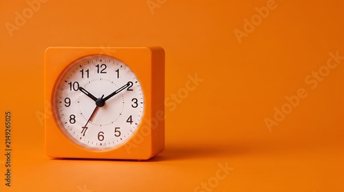 Clean orange analog alarm clock on an orange background. Minimalist studio composition representing time, productivity, organization, and punctuality