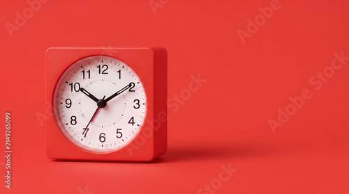 Clean red analog alarm clock on a red background. Minimalist studio composition representing time, productivity, organization, and punctuality