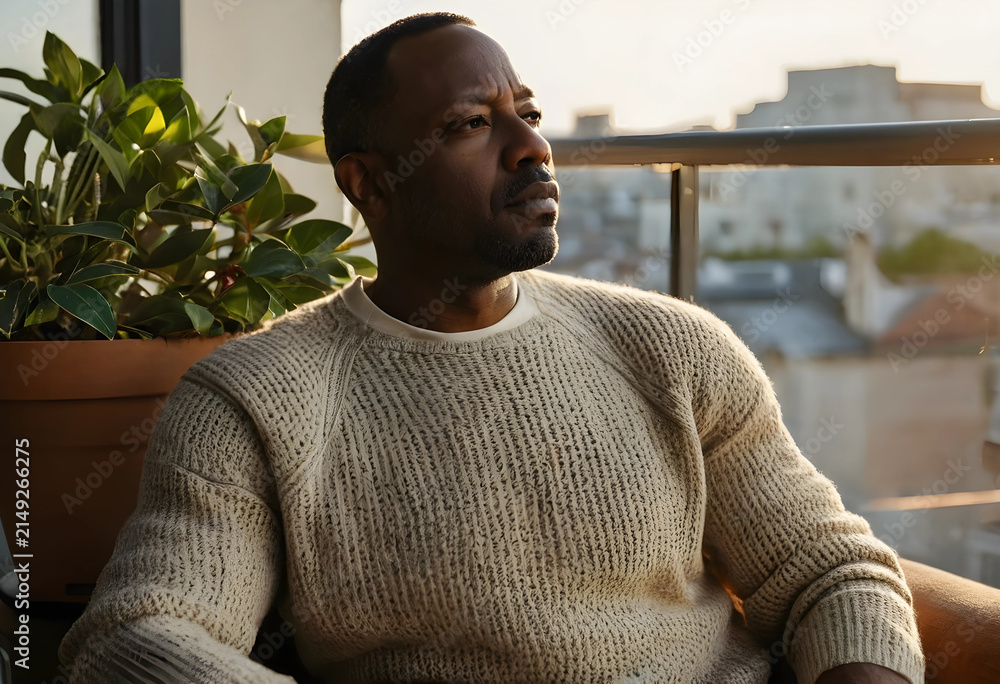 Obraz premium Thoughtful african american man in a beige sweater looking out from a balcony at sunset, urban lifestyle and contemplation