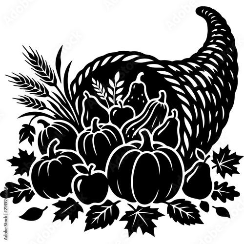 Thanksgiving cornucopia vector, autumn harvest horn of plenty with pumpkins and fruit, black and white fall seasonal illustration