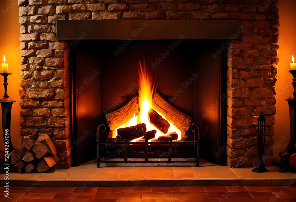 Fototapeta premium Cozy fireplace with burning logs and warm candlelight, creating a relaxing and inviting atmosphere for home comfort