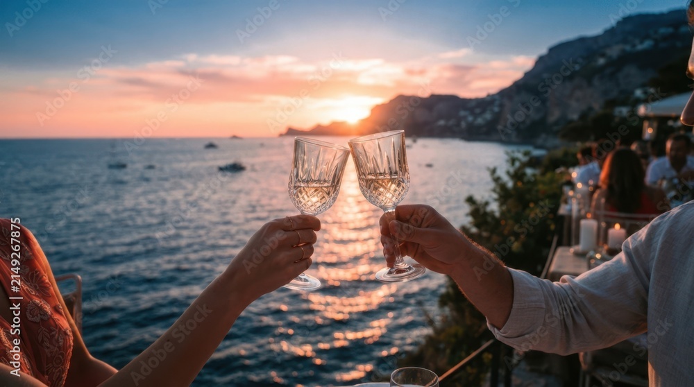Fototapeta premium Couple toasting with wine glasses at a romantic sunset dinner overlooking the sea