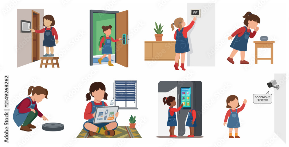 Fototapeta premium Child interacting with smart home technology, flat vector illustration set of IoT devices in daily life