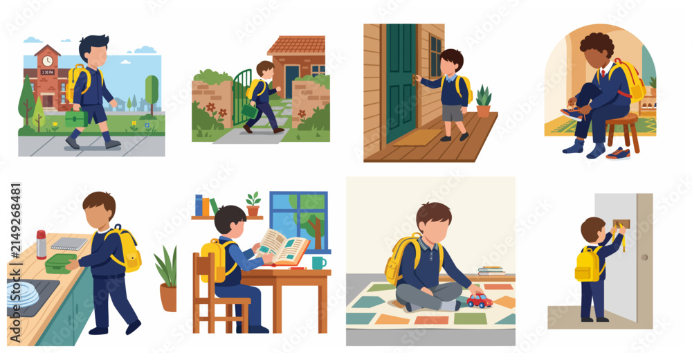 Fototapeta premium Schoolboy Daily Routine Illustration Set: Going to School, Studying, Playing, and Coming Home