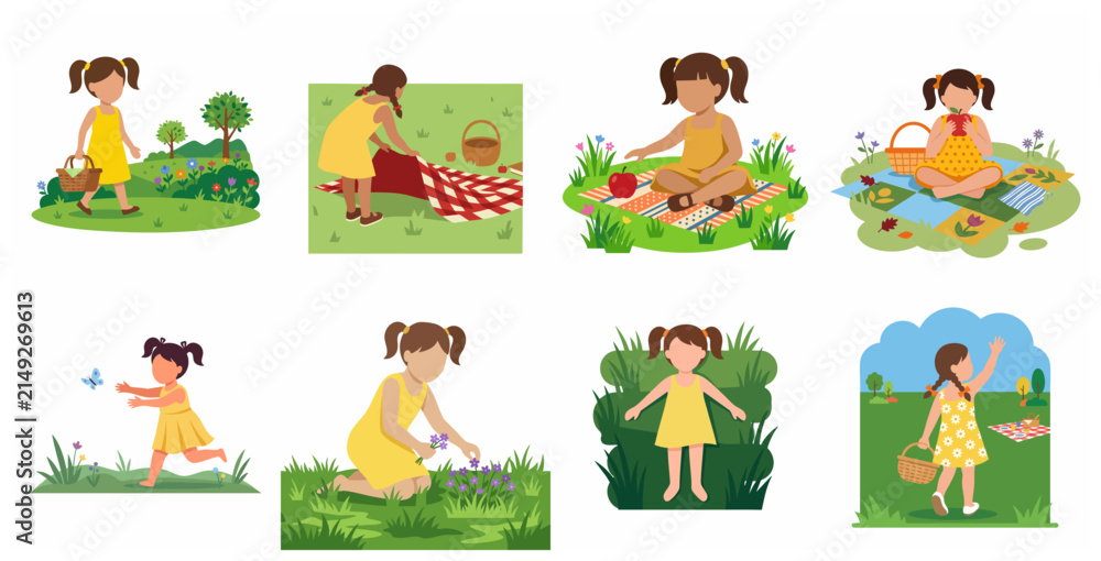 Fototapeta premium Collection of cute little girl character illustrations enjoying outdoor picnic activities, picking flowers, and playing in nature park