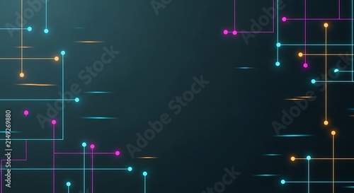 Abstract digital technology background with glowing colorful circuit board lines and connection nodes for data science and futuristic innovation concepts