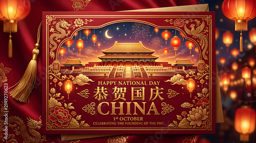 Forbidden City illustration with lanterns and celebratory chinese text