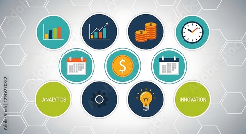 Collection of business, finance, analytics and innovation icons in colorful circles on modern gray geometric hexagon background vector illustration