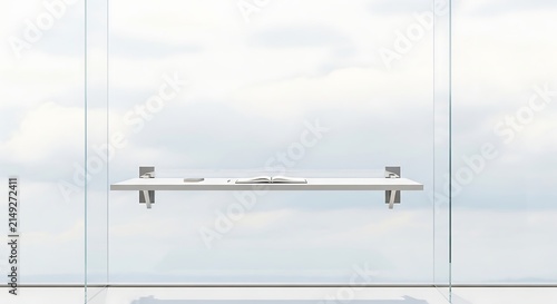 Minimalist floating white desk shelf inside a clean glass room with cloudy sky background, modern 3D rendering of contemporary office workspace