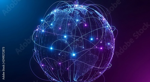 Global network and communication concept with glowing nodes, digital data transfer, and futuristic technology connections across the world