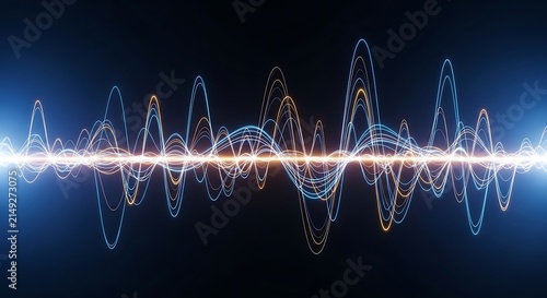 Abstract blue and gold glowing sound wave frequency visualization with digital signal pulses on a dark background for technology concepts