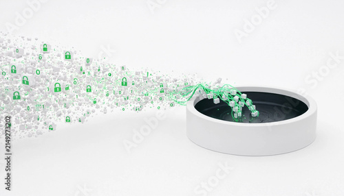 Encrypted Data Stream with Padlocks Flowing into Black Container