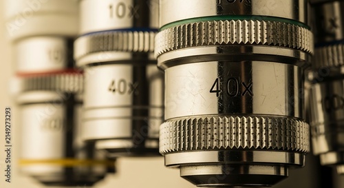 Close-up macro photography featuring high resolution microscope objective lenses with magnification power markings for scientific laboratory research