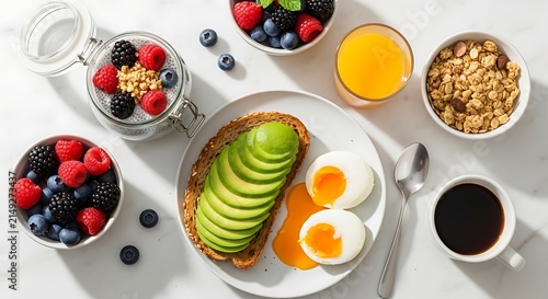 Healthy breakfast spread with sliced avocado toast, soft boiled eggs, fresh mixed berries, yogurt parfait, granola, orange juice, and black coffee