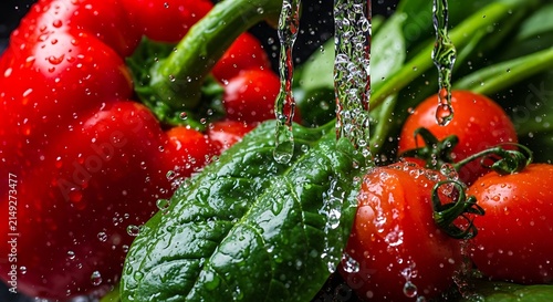 Fresh red bell pepper spinach leaves and juicy cherry tomatoes being washed under a stream of clean water in a kitchen for healthy cooking