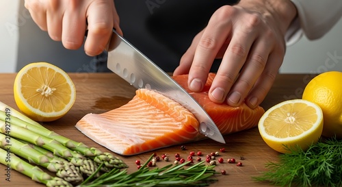 Professional chef hands cutting fresh raw salmon fillet on wooden board with asparagus and lemon for healthy meal prep DekioFX 2026 concept food