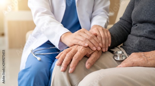 Compassionate doctor holding elderly patient hand in medical clinic realistic photograph for healthcare banner design