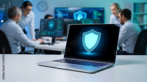 Cybersecurity Network Shield on Laptop Screen in Modern Office with IT Professionals Working on Tech Data Protection