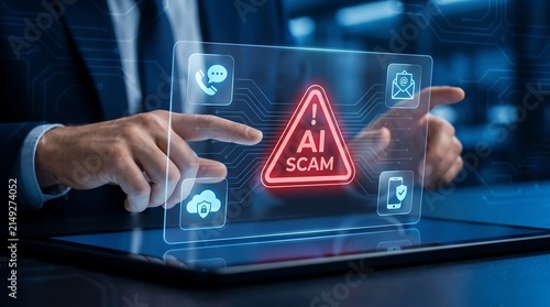 Cyber security businessman warns of AI scam via futuristic holographic interface on tablet for data fraud protection.