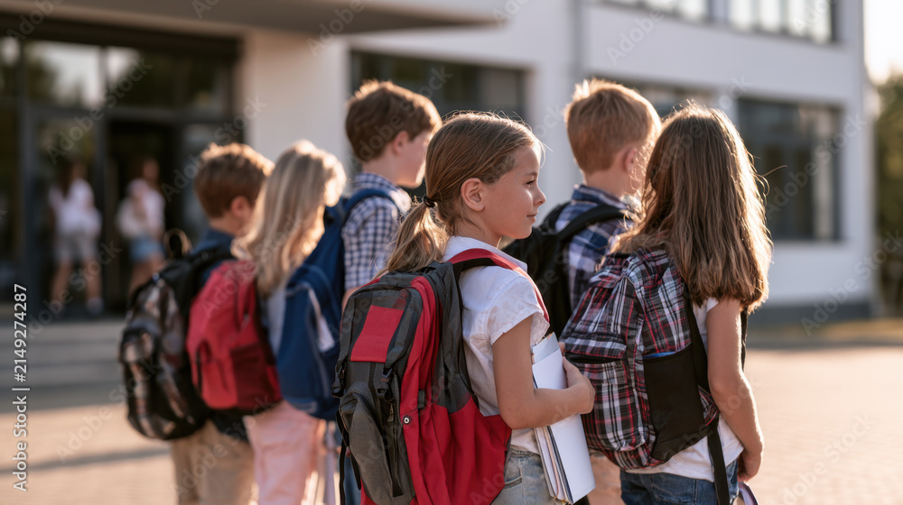 Obraz premium Group of schoolchildren with backpacks gathering outside school entrance