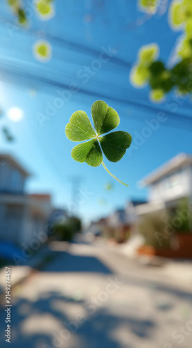 Four leaf clover floating in air with bright blue sky and blurred urban background, evoking sense of luck and hope
