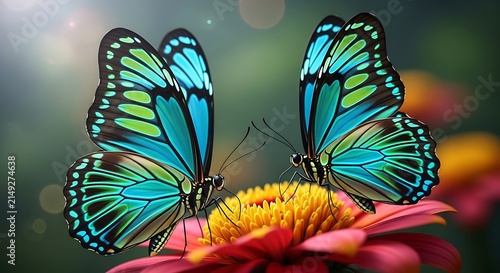 Two beautiful blue and green butterflies resting on a vibrant pink flower in a magical glowing garden with soft bokeh background