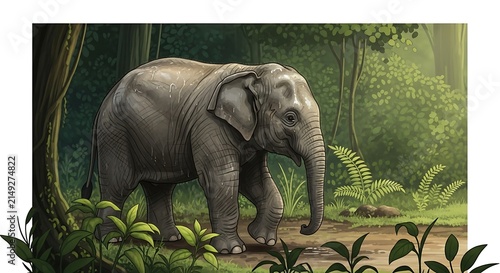 Majestic Grey Elephant Walking Through a Dense Tropical Rainforest Jungle with Lush Green Foliage and Exotic Plants Digital Art Illustration