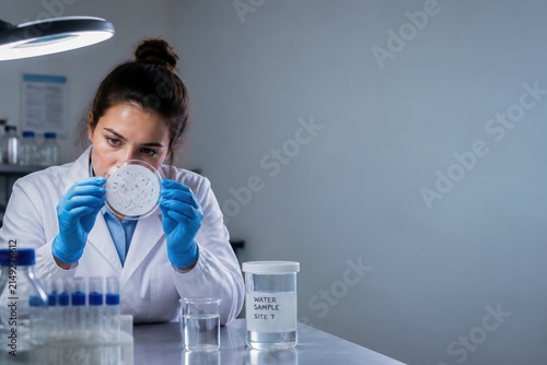 Woman scientist analyzing petri dish in laboratory during water sample testing research
