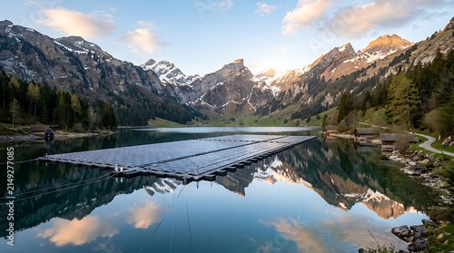 Floating solar panels on a serene alpine lake at sunrise reflecting mountain peaks and trees