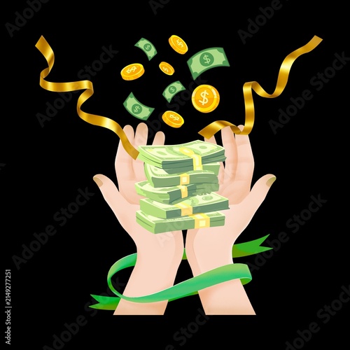 Hands Holding Money with Flying Cash, Coins and Colorful Ribbons, Wealth Concept
