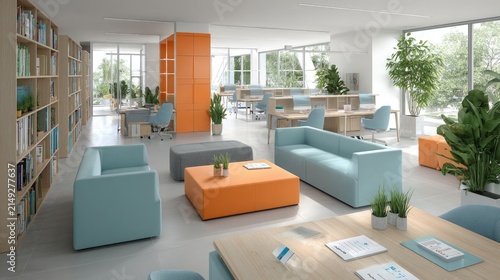 Modern office interior with furniture and plants offering open work space