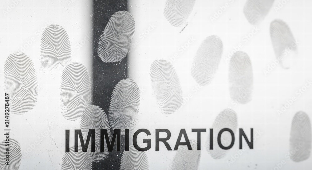 Obraz premium Abstract black and white image of fingerprints with the word 'IMMIGRATION', AI generated