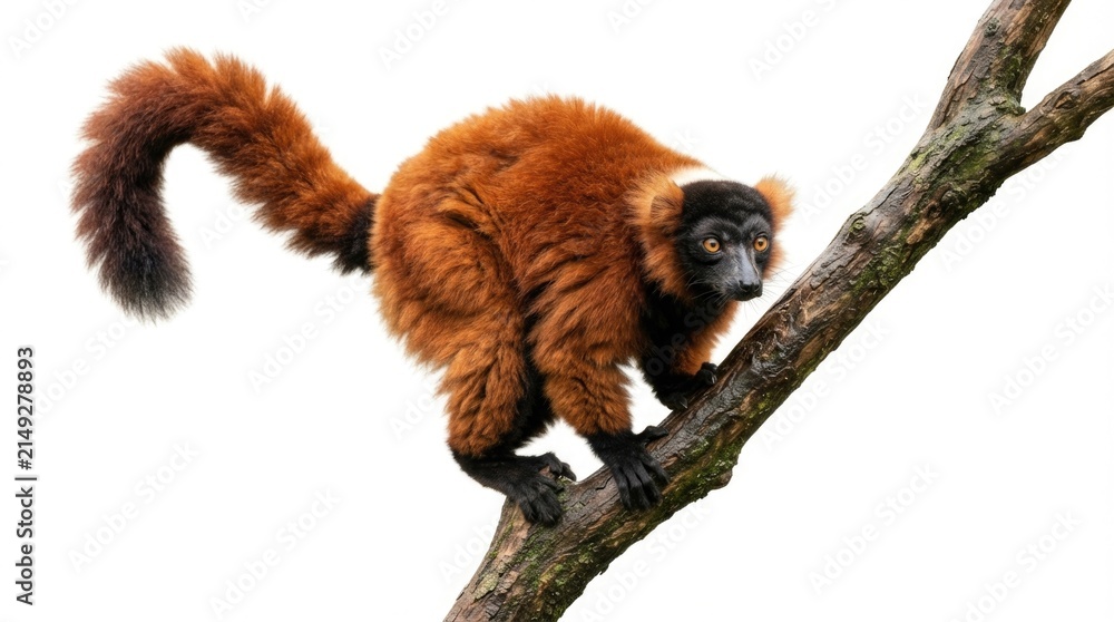 Naklejka premium Red Ruffed Lemur Climbing on Tree Branch Isolated on White Background