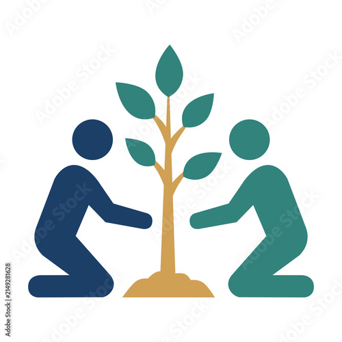Two people planting a tree sprout together icon vector