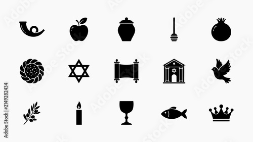 Minimalist black symbolic icons set with high contrast collection twelve black silhouetted icons representing cultural natural symbols arranged grid against neutral background