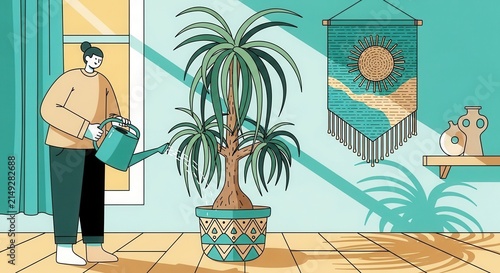 Person Watering a Potted Palm Tree Indoors With Natural Light