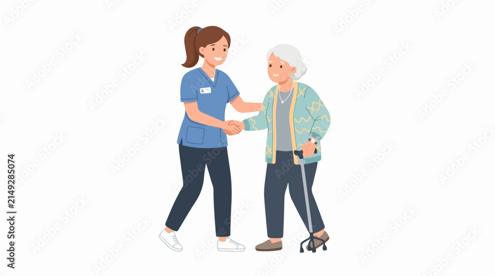 Fototapeta premium A young caregiver assisting an elderly woman with a walker in a modern, flat vector illustration