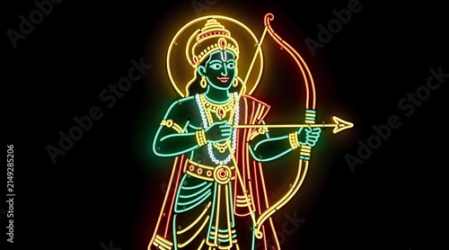 Vibrant neon depiction of a mythological archer goddess with detailed traditional attire and weaponry illuminated against a dark