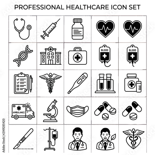 Healthcare Icon Collection: A comprehensive set of professional healthcare icons presented in a grid format, illustrating medical tools, symbols, and services.