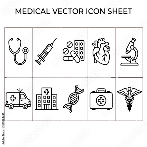 Medical Icons Collection: A comprehensive collection of essential medical icons, including a stethoscope, syringe, pills, heart, microscope, ambulance, hospital, DNA, first aid kit, and caduceus.